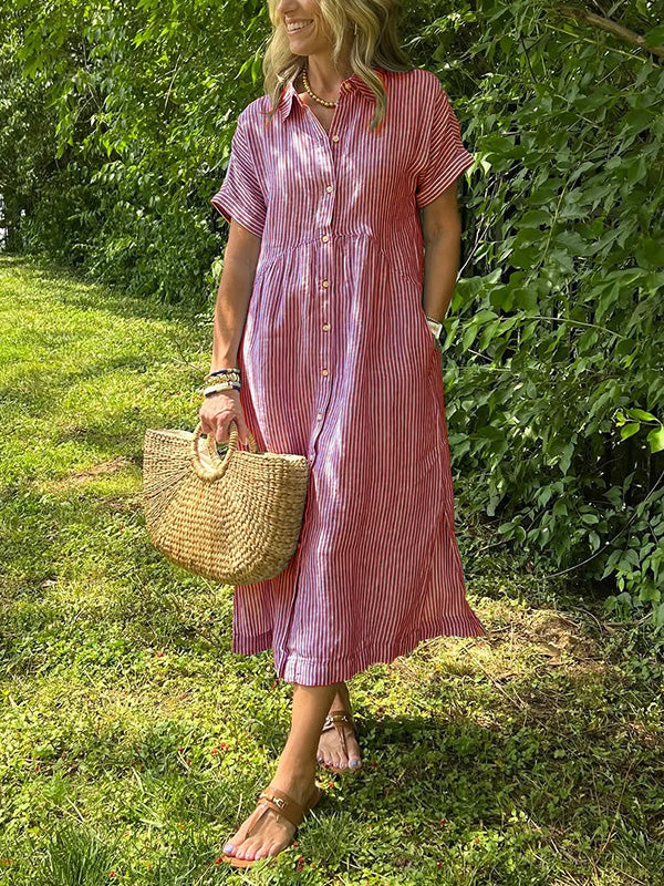 Fjordeleganse| Striped Lapel Button Down Shirt Dress