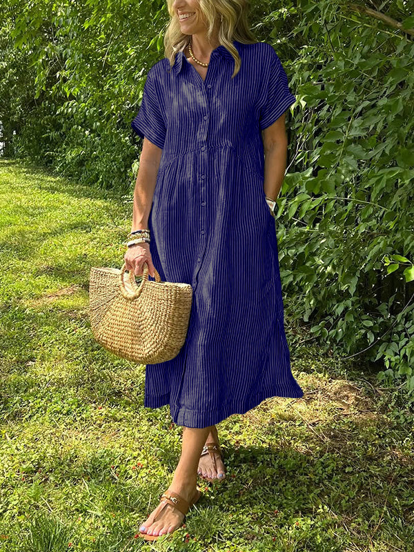 Fjordeleganse| Striped Lapel Button Down Shirt Dress