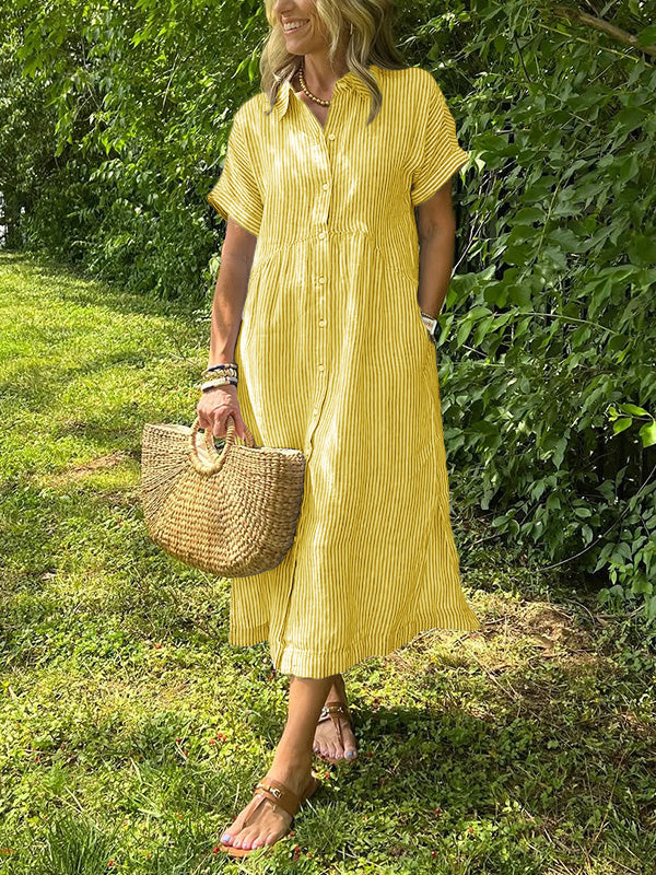 Fjordeleganse| Striped Lapel Button Down Shirt Dress