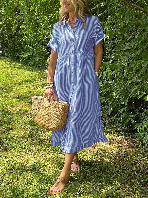 Fjordeleganse| Striped Lapel Button Down Shirt Dress