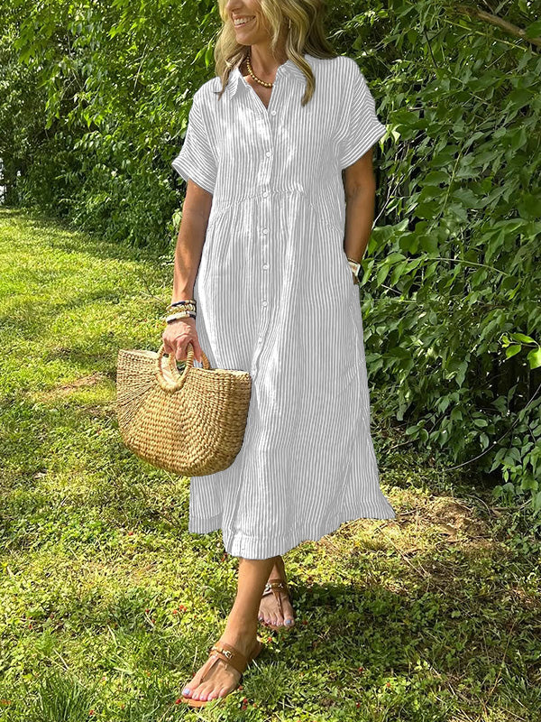 Fjordeleganse| Striped Lapel Button Down Shirt Dress