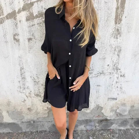 Nora™ | Casual Effen Bluse med Korte Bukser Sett